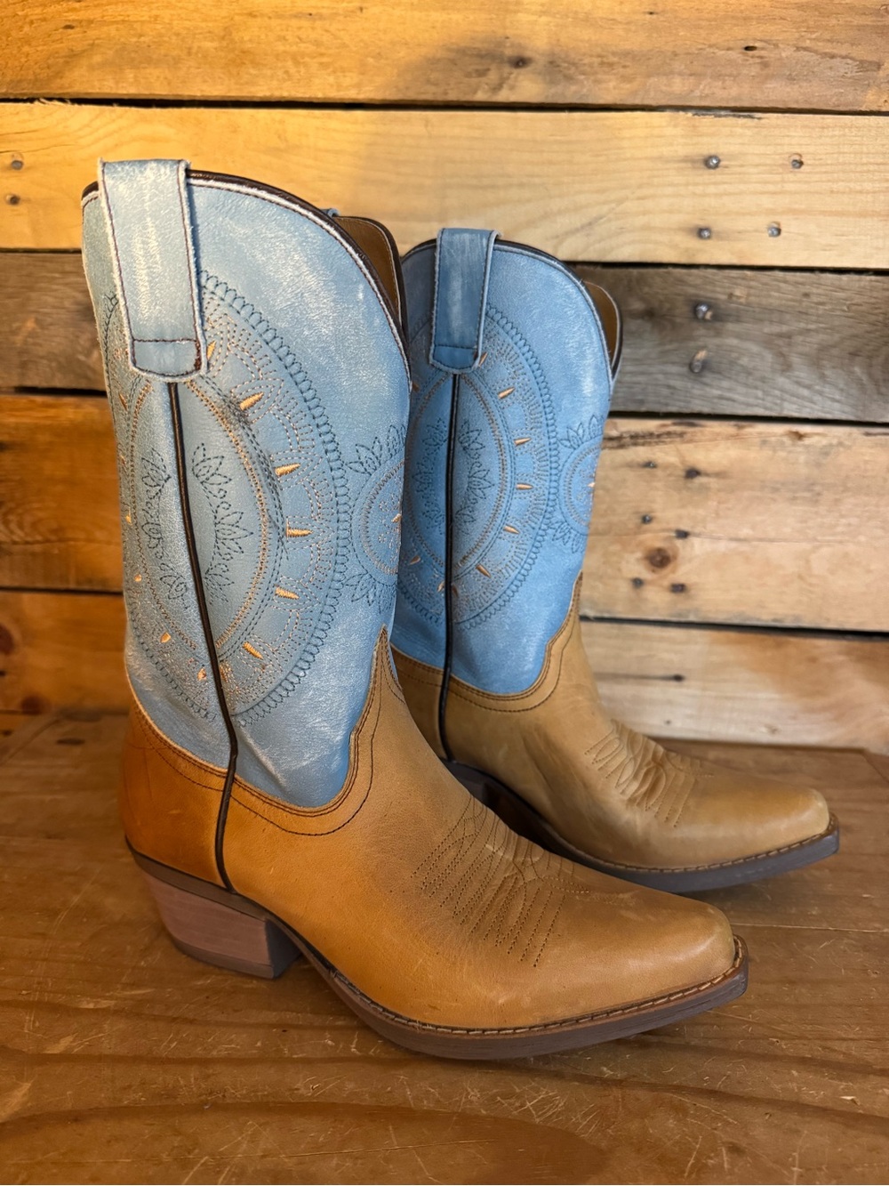 Tan and Blue Embroidered Sterling River Cowboy Boots